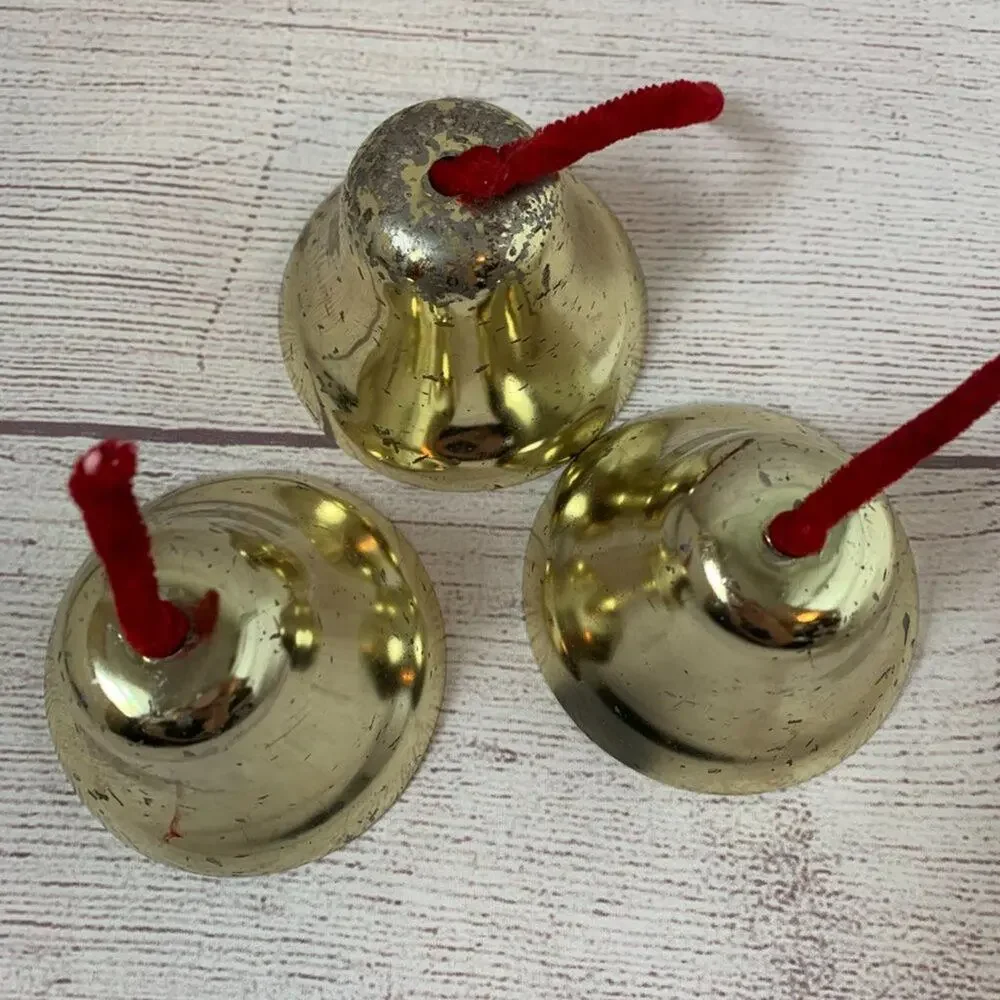 Vintage Gold Metal Bells Set of 3 with Red Strings 3
